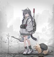 1girl absurdres animal animal_ears aqua_eyes backpack bag bandaid bandaid_on_knee bandaid_on_leg black_hair cat_ears cat_girl cat_tail full_body general gun highres jacket long_hair looking_at_viewer loose_socks oota_youjo original outdoors parted_lips rifle science_fiction shoes sneakers socks tail watering_can weapon // 3796x4000 // 1.4MB
