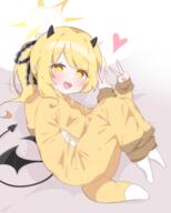 1girl alternate_costume asymmetrical_hair black_horns black_ribbon black_tail black_wings blonde_hair blue_archive blush child commentary cosplay d demon_girl demon_horns demon_tail demon_wings double_v female full_body general hair_ribbon halo heart hood hood_down horns ibuki_(blue_archive) kigurumi lattes2 legwear long_hair looking_at_viewer open_mouth ponytail questionable ribbon smile socks solo tail tied_hair v white_legwear white_socks wings yellow_eyes yellow_halo // 2000x2500 // 1.4MB