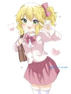 1girl bag blazer blonde_hair blush bow bowtie brown_bag commentary cowboy_shot dot_nose general green_eyes hair_between_eyes hair_bow hand_up heart highres idolmaster idolmaster_cinderella_girls jacket long_sleeves looking_at_viewer medium_hair open_mouth pink_bow pink_bowtie pink_jacket pink_skirt pleated_skirt ponytail remiri_nicoeli sakurai_momoka shirt shoulder_bag sidelocks skirt smile solo thigh-highs thighhighs thighs translation_request twitter_username v wavy_hair white_background white_shirt white_thighhighs // 1200x1600 // 165.4KB
