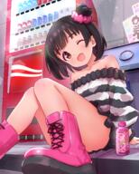 1girl ;d arm_support bare_legs black_hair black_skirt blunt_bangs blush boots caihanonline collarbone commentary_request convenient_leg drink hair_bun head_tilt highres idolmaster idolmaster_million_live! iku_nakatani infamous_left_foot_defense kawaii knees_together_feet_apart knees_up koaya loli lolicon_bait looking_at_viewer nakatani_iku off-shoulder_shirt off_shoulder on_ground one_eye_closed open_mouth outdoors pink_boots sensitive shirt shoes_without_stockings short_hair single_side_bun sitting skirt smile solo spark_drink the_idolm@ster_million_live!_theater_days thighs trash_can vending_machine ※10歳です ふともも アイドルマスターミリオンライブ!シアターデイズ キラキラ育の休憩♪ ディフェンスに定評のある左足 ロリ ロリコンホイホイ 中谷育 可愛い 白沢あや 素足履き 自動販売機 // 1877x2341 // 3.5MB