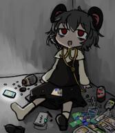 1girl against_wall alice_margatroid animal_ear_fluff animal_ears beer_can can capelet commentary cookie_(touhou) drink_can empty_eyes full_body grey_hair grey_skirt grey_vest hair_between_eyes highres ichigo_(cookie) long_sleeves medium_hair mouse_ears mouse_girl nazrin noose nyon_(cookie) on_floor open_mouth partially_translated photo_(object) pill red_eyes sensitive shirt shoe_soles shoes single_shoe sitting skirt socks solo tenten_(nicoseiga18696142) touhou translation_request vest white_capelet white_shirt white_socks // 1062x1218 // 594.9KB