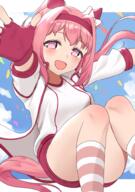 absurdres animal_ears bandaid bandaid_on_leg bow bulma buruma commentary_request convenient_leg ear_bow ear_covers factory314 flower-shaped_pupils flower_in_eye gloves gym_uniform haru_urara_(bestest_prize)_(umamusume) haru_urara_(umamusume) headband highres horse_ears horse_girl horse_tail legs pink_buruma pink_hair pink_headband red_buruma red_gloves red_headband sensitive socks striped_clothes striped_socks symbol-shaped_pupils symbol_in_eye tail thighs umamusume // 2039x2894 // 2.3MB
