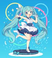 1girl blue_archive blue_eyes blue_hair blue_sailor_collar bow commentary d dress full_body gelbooru_12873822 general hatsune_miku hatsune_miku_(blue_archive) holding holding_microphone long_hair microphone official_alternate_costume onyhakase open_mouth sailor_collar sailor_dress shoes sleeveless sleeveless_dress smile solo standing standing_on_one_leg twintails very_long_hair vocaloid white_dress white_shoes // 700x778 // 437.2KB