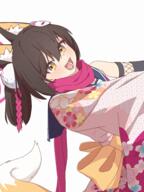 1girl animal_ear_fluff animal_ears back_bow black_sailor_collar blue_archive blush bow brown_hair cherry_blossom_print commentary d eyes_visible_through_hair eyeshadow fangs floral_print floral_print_kimono fox_ears fox_girl fox_tail fuhao10708 general hair_between_eyes hair_ornament hairclip halo happy izuna_(blue_archive) japanese_clothes kimono leaning_back long_scarf long_sleeves looking_at_viewer makeup medium_hair one_side_up open_mouth pink_eyeshadow pink_halo pink_kimono pink_scarf pom_pom_(clothes) pom_pom_hair_ornament print_kimono sailor_collar scarf school_uniform serafuku shirt side_ponytail simple_background single_bare_shoulder sleeveless sleeveless_shirt smile solo symbol-only_commentary tail teeth tongue upper_body white_background white_shirt wide_sleeves yellow_bow yellow_eyes // 3000x4000 // 12.7MB