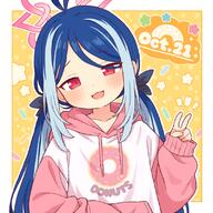 1girl ahoge alternate_costume antenna_hair blue_archive blue_hair blush collarbone commentary d dated donut donut_print doughnut flat_chest food food_print fubuki_(blue_archive) general halo hood hoodie long_hair long_sleeves looking_at_viewer multicolored_hair onyhakase open_mouth outline pink_halo pink_hoodie red_eyes sleeves_past_wrists smile solo star_(symbol) twintails two-tone_hair upper_body v white_outline // 800x800 // 503.6KB