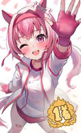 1girl ;d animal_ears animal_tail anime-pictures.net arm_up bandaid bandaid_on_leg blush bow buruma dodota eyebrows_visible_through_hair fingerless_gloves from_above girl gloves gym_shirt gym_uniform hair_between_eyes hair_bow hair_intakes hairband haru_urara_(umamusume) horse_ears horse_girl horse_tail jacket long_hair looking_at_viewer one_eye_closed open_jacket open_mouth pink_eyes pink_hair ponytail questionable red_buruma safe sensitive shirt single smile solo standing sweat symbol-only_commentary symbol_commentary tail tall_image uma_musume_pretty_derby umamusume white_jacket white_shirt wink // 2182x3560 // 3.6MB