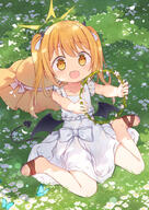 1girl alternate_costume alternate_hairstyle black_horns black_tail black_wings blonde_hair blue_archive blush bug butterfly chinese_commentary collarbone commentary_request demon_girl demon_horns demon_tail demon_wings dress flower_wreath fred04142 general grass hair_ribbon halo hat highres holding holding_wreath horns ibuki_(blue_archive) insect long_hair on_grass on_ground open_mouth ribbon sandals sitting smile solo sun_hat tail toes twintails unworn_hat unworn_headwear wariza white_dress white_ribbon wings yellow_eyes yellow_halo yellow_hat // 1417x2000 // 2.7MB
