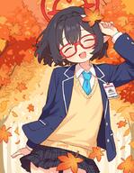 1girl autumn_leaves ayane_(blue_archive) black_hair blue_archive blue_necktie closed_eyes collared_shirt convenient_censoring general glasses halo jacket leaf necktie onyhakase open_mouth pleated_skirt pointy_ears red-framed_eyewear red_halo shirt short_hair skirt solo white_shirt // 700x900 // 605.0KB