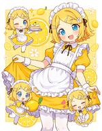 1girl 3 ;3 apron blonde_hair blue_eyes cake cake_slice chibi chibi_inset commentary d dress flower food frilled_apron frilled_dress frills fruit gelbooru_12776782 general hair_ornament hairclip holding holding_food holding_fruit holding_tray kagamine_rin lemon maid maid_apron maid_headdress multiple_views one_eye_closed onyhakase open_mouth pantyhose parallel_hairclips puffy_short_sleeves puffy_sleeves shoes short_hair short_sleeves skirt_hold smile tray twitter.com vocaloid white_apron white_pantyhose yellow_dress yellow_shoes // 700x894 // 648.1KB