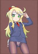 1girl 2025 2d_art absurdres ahoge antipopper arm_behind_back artist_logo blonde_hair blue_skirt blue_suit blush brown_background brown_thighhighs clipboard closed_mouth clothed collared_shirt cropped_legs elementary elementary_(lolipope) female female_focus flat_chest formal_clothes from_below fully_clothed glasses glasses_on_head gradient_hair green_eyes hair_ribbon highres himesaka_noa holding holding_clipboard holding_removed_eyewear legs legwear lips logo loli long_hair looking_at_viewer looking_down multicolored_hair necktie noa office_lady panties panties_under_pantyhose pantyhose pantyshot pixiv_129533546 pixiv_13848971 ponytail red_necktie red_ribbon ribbon sensitive shirt simple_background skirt smile solo standing suit thighhighs thighs tied_hair underwear unworn_eyewear upskirt watashi_ni_tenshi_ga_maiorita! white_panties white_shirt younger_female // 2290x3247 // 6.2MB