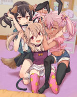 3girls animal_ears bangs bed black_hair black_legwear black_skirt blouse blush boshi_(a-ieba) breasts brown_eyes brown_skin bunching_hair bunny_ears bunny_tail casual cat_ears cat_tail chloe_von_einzbern commentary_request dark-skinned_female dark_skin dark_skinned_female denim denim_shorts dog_ears dog_tail explicit fake_animal_ears fatekaleid_liner_prisma_illya fate_(series) female female_focus frilled_blouse frilled_shirt frills general hair_between_eyes hair_ornament hairclip highleg highleg_panties highleg_pantsu illyasviel_von_einzbern indoors inumimi loli long_hair looking_at_viewer miniskirt miyu_edelfelt multiple_girls nekomimi no_shoes open_mouth orange_eyes panties pantsu pink_blouse pink_hair pink_legwear pink_shirt pleated_skirt print_legwear purple_blouse purple_shirt rabbit_ears rabbit_tail red_eyes safe sensitive shirt shorts sidelocks skirt small_breasts star_(symbol) star_print tail teeth thigh-highs thighhighs tied_hair twin_tails twintails twintails_day underwear upper_teeth upper_teeth_only white_blouse white_hair white_shirt white_skirt // 1106x1392 // 1.4MB