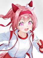 1girl absurdres animal_ears bandaid bandana bloomers blush bow brown_hair buruma crying ear_bow ear_covers ear_ornament ear_ribbon fanart female fingerless_gloves flower_in_eye general gloves gym_clothes gym_uniform haru_urara_(bestest_prize)_(umamusume) haru_urara_(umamusume) headband highres horse_ears horse_girl horse_tail jacket kemonomimi kifli_ro long_hair long_sleeves open_mouth personification pink_eyes pink_gloves pink_hair pink_handwear pixiv ponytail red_gloves red_headband red_headwear shirt shorts simple_background smile solo striped striped_legwear symbol_in_eye tail top umamusume white_background white_jacket white_shirt white_top // 4608x6144 // 19.0MB