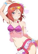 1girl arm_up bead_necklace beads bikini bracelet breasts collarbone commission eyewear_on_head flower hair_flower hair_ornament heart heart_tattoo hibiscus jewelry looking_at_viewer love_live! love_live!_school_idol_project medium_breasts nagi_mkrnpn natsuiro_egao_de_1_2_jump! navel necklace nishikino_maki orange-tinted_eyewear purple_eyes red_bikini red_hair sensitive short_hair signature simple_background skeb_commission smile solo stomach sunglasses swimsuit tattoo tinted_eyewear tweet_lovelive twitter.com white_background // 1065x1529 // 165.9KB
