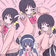 2girls absurdres bag black_hair black_skirt blush_stickers bow bowtie channel_(caststation) collared_shirt diagonal-striped_bow diagonal-striped_bowtie diagonal-striped_clothes diagonal-striped_neckerchief emphasis_lines gcfmug gelbooru_11429918 general gyaru_v hair_bobbles hair_ornament hands_on_own_cheeks hands_on_own_face highres holding holding_phone inward_v jacket jitome kaai_yuki long_sleeves multiple_girls multiple_views neckerchief notice_lines official_art one_eye_closed otomachi_una outstretched_arm phone pink_background pink_jacket plaid_clothes plaid_skirt school_bag shirt skirt small_sweatdrop striped_bow striped_bowtie striped_clothes striped_neckerchief tongue tongue_out twitter.com v v_over_eye v_over_mouth vocaloid white_shirt wink_star x_cast_x zako_(vocaloid) // 2868x2868 // 2.3MB