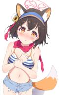 1girl animal_ear_fluff animal_ears bare_shoulders bikini blue_archive blush breasts brown_hair cowboy_shot denim denim_shorts flower fox_ears fox_girl fox_tail hair_flower hair_ornament halo highleg highleg_panties izuna_(blue_archive) izuna_(swimsuit)_(blue_archive) looking_at_viewer medium_breasts micro_shorts navel official_alternate_costume open_mouth panties pink_halo pink_scarf safe scarf sensitive short_hair shorts simple_background solo standing striped_bikini striped_clothes sunflower sunflower_hair_ornament swimsuit tail underwear visor_cap white_background yellow_eyes yukin_(yukin8210) // 2233x3568 // 2.3MB