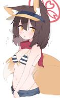 1girl animal_ear_fluff animal_ears bare_arms bare_shoulders bikini blue_archive blue_bikini blue_shorts bra breasts brown_hair cleavage colored_inner_animal_ears commentary cowboy_shot denim denim_shorts dot_nose double-parted_bangs embarrassed eyeshadow fang flying_sweatdrops fox_ears fox_girl fox_tail from_side front-tie_bikini_top front-tie_top hair_between_eyes halo highleg highleg_bikini izuna_(blue_archive) izuna_(swimsuit)_(blue_archive) kuda_izuna light_blush long_hair looking_at_viewer makeup motion_lines multicolored_bikini navel nervous o open_fly orange_eyes orange_tail parted_lips pink_eyeshadow red_halo red_scarf scarf sensitive shorts sidelocks simple_background skin_fang small_breasts solo standing stomach striped_bikini striped_bra striped_clothes sweatdrop swimsuit tail tntl_nemui translated unbuttoned underwear visor_cap white_background white_bikini // 1009x1646 // 131.8KB