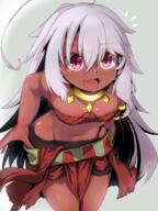 1girl ahoge bandeau bike_shorts black_shorts breasts clothes_pull dark-skinned_female dark_skin fang jewelry leaning_forward long_hair miniskirt navel necklace ocha_no_mae open_mouth original pink_eyes pulled_by_self red_skirt safe sensitive shorts shorts_under_skirt silver_hair skirt skirt_pull small_breasts smile solo thighs undressing // 1575x2100 // 2.0MB