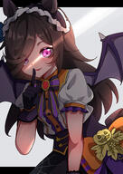 1girl animal_ears bat_wings black_gloves black_skirt bow brown_hair fang flipped_hair frilled_hairband frills gloves hair_over_one_eye hairband halloween halloween_costume horse_ears horse_girl horse_tail kuroyuri_(sakurayuki_lily) long_hair looking_at_viewer official_alternate_costume open_mouth puffy_short_sleeves puffy_sleeves purple_eyes purple_wings rice_shower_(make_up_vampire!)_(umamusume) rice_shower_(umamusume) shirt short_sleeves silk skirt smile solo spider_web tail umamusume white_shirt wings // 2894x4093 // 5.6MB