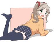 1girl aayh bangs black_legwear black_skirt black_thighhighs brown_background brown_hair brown_hoodie commentary_request d fang green_eyes hair_ornament hair_scrunchie hood hood_down hoodie inuyama_akari leg_up long_hair looking_at_viewer looking_back lying no_shoes on_stomach open_mouth parted_bangs pleated_skirt polka_dot polka_dot_skirt red_scrunchie safe scrunchie sensitive short_eyebrows skirt smile solo tablet_pc thick_eyebrows thighhighs twintails two-tone_background unmoving_pattern white_background yurucamp // 1333x1000 // 372.3KB