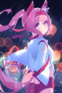 1girl absurdres animal_ears aogumo_nena artist_name bandaid bandaid_on_leg blush bow buruma commentary ear_bow ear_covers flower-shaped_pupils flower_in_eye from_behind gloves hairband haru_urara_(bestest_prize)_(umamusume) haru_urara_(umamusume) headband highres horse_ears horse_girl horse_tail jacket long_hair looking_at_viewer pink_buruma pink_eyes pink_hair pink_headband ponytail red_buruma red_gloves red_headband sensitive shirt signature smile solo symbol-only_commentary symbol-shaped_pupils symbol_in_eye tail tears umamusume // 3200x4800 // 10.3MB