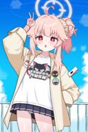1 1girl 2025 2d_art ahoge black_skirt blue_archive blush cameltoe clothed clothing commentary eyebrows eyebrows_visible_through_hair female female_focus hair_between_eyes hair_bun halo jacket legs loli long_sleeves looking_at_viewer natsu_(band)_(blue_archive) natsu_(blue_archive) o open_clothes open_jacket outdoors paid_reward_available panties pantyshot pink_hair pixiv_131185613 pixiv_96781624 pleated_skirt ponytail red_eyes sensitive shirt side_ponytail sidelocks skirt sky solo sparkling_eyes standing thighs tied_hair underwear user_pska2738 v v-shaped_eyebrows white_panties white_shirt zing zing_(z_z_zing) ナツ // 2000x3000 // 2.5MB