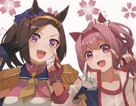 2girls absurdres animal_ears asymmetrical_gloves black_gloves bow brown_hair brown_neckerchief collarbone commentary d ear_bow epaulettes fingerless_gloves floral_background flower-shaped_pupils forehead gloves grey_background gym_shirt hairband haru_urara_(bestest_prize)_(umamusume) haru_urara_(umamusume) highres horse_ears jacket kogeta_kaori mismatched_gloves multiple_girls neckerchief open_clothes open_jacket open_mouth pink_hair ponytail purple_eyes red_gloves red_hairband sakura_bakushin_o_(blossom_in_learning)_(umamusume) sakura_bakushin_o_(umamusume) shirt simple_background smile symbol-only_commentary symbol-shaped_pupils umamusume upper_body v-shaped_eyebrows violet_eyes white_bow white_gloves white_jacket white_shirt // 6368x4979 // 7.7MB