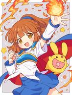 1girl arle_nadja armor blue_skirt brown_hair cape commentary fire general onyhakase open_mouth puyopuyo skirt smile // 700x915 // 126.1KB