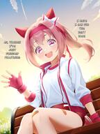 1girl absurdres afternoon animal_ears bandaid bandaid_on_leg bent_knees bloomers blush bow brown_hair bulma buruma chair ear_bow ear_covers fanart female fingerless_gloves flower-shaped_pupils flower_in_eye garden general gloves gym_clothes gym_uniform hairband hand_gesture haru_urara_(bestest_prize)_(umamusume) haru_urara_(umamusume) headband highres horse_ears horse_girl horse_tail jacket kemonomimi kifli_ro long_hair looking_at_camera looking_at_viewer open_mouth original_race_uniform_(umamusume) personification pink_buruma pink_eyes pink_gloves pink_hair pink_handwear pink_headband pixiv ponytail red_buruma red_headband shirt short_hair short_sleeves shorts sitting sitting_on_chair smile solo sportswear striped striped_legwear symbol-shaped_pupils symbol_in_eye tail top track_jacket umamusume waving white_jacket white_shirt white_top // 2304x3072 // 2.4MB