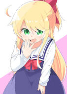 1girl 3 ahoge blonde_hair blue_dress bow dress general green_eyes hair_bow hand_on_own_face hand_on_own_thigh himesaka_noa laughing long_hair long_sleeves mukunoki_nanatsu official_art ponytail red_bow sailor_collar simple_background solo watashi_ni_tenshi_ga_maiorita! white_sailor_collar // 878x1239 // 514.3KB