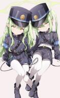 2girls armband belt black_belt black_boots black_hat black_jacket black_shorts black_skirt blue_archive blue_armband boots cropped_jacket demon_girl demon_tail earrings general gloves green_hair green_halo grey_background hair_between_eyes halo hat hikari_(blue_archive) invisible_chair jacket jewelry long_hair long_sleeves looking_at_viewer miniskirt multiple_girls nozomi_(blue_archive) open_mouth pantyhose parted_lips peaked_cap pointy_ears sabana shirt short_shorts shorts siblings simple_background sisters sitting skirt tail twins twintails very_long_hair white_gloves white_pantyhose white_shirt yellow_eyes // 1214x1967 // 1.8MB