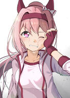 1girl animal_ears bow buruma commentary_request crying crying_with_eyes_open ear_bow ear_covers fingerless_gloves flower-shaped_pupils flower_in_eye general gloves haru_urara_(bestest_prize)_(umamusume) haru_urara_(umamusume) headband highres horse_ears horse_girl horse_tail jacket long_hair pink_buruma pink_hair pink_headband ponytail red_buruma red_gloves red_headband shirt shuten_(shutehaan) solo symbol-shaped_pupils symbol_in_eye tail tears umamusume white_jacket white_shirt // 1295x1812 // 2.6MB