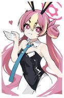 1girl 3 animal_ears apron bare_shoulders black_leotard blue_archive blue_necktie blush breasts cropped_legs detached_collar fake_animal_ears gloves halo hand_up heart koyuki_(blue_archive) koyuki_(bunny)_(blue_archive) leotard loah_66 long_hair multicolored_hair necktie pantyhose pink_hair pink_halo rabbit_ears red_eyes sensitive short_eyebrows simple_background single_hair_ring solo star-shaped_pupils star_(symbol) streaked_hair symbol-shaped_pupils twintails very_long_hair waist_apron white_background white_gloves white_pantyhose // 2281x3508 // 490.4KB