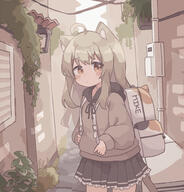 1girl ahoge animal_ear_fluff animal_ears bag black_ribbon black_skirt blush brown_eyes cat_ears child closed_mouth colon_br dot_mouth dot_nose female frilled_skirt frills general grey_hoodie holding hood hoodie light_brown_hair long_hair long_sleeves looking_at_viewer original outdoors plant potted_plant puffy_long_sleeves puffy_sleeves ribbon school_bag sidelocks skirt solo ころんびぁ // 2268x2372 // 3.6MB