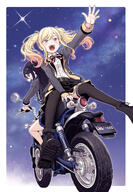 2girls black_boots black_hair black_skirt black_thighhighs blonde_hair blue_trim boots border bow bowtie d dress_shirt feet_out_of_frame grey_jacket highres hoshino_ichika_(project_sekai) jacket long_hair long_sleeves looking_back miniskirt motor_vehicle motorcycle multiple_girls on_motorcycle open_clothes open_jacket open_mouth outline outside_border outstretched_arm project_sekai red_eyes school_uniform shirt skirt smile sweatdrop tenma_saki thigh-highs thighhighs twintails white_border white_outline white_shirt yellow_trim yuma727272 zettai_ryouiki // 992x1431 // 1.6MB