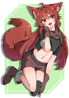 1girl afterimage ahoge animal_ears belt black_belt blush boots borrowed_character brown_boots brown_gloves brown_shorts cropped_jacket cropped_shirt fangs full_body fur-trimmed_sleeves fur_trim gloves green_background green_jacket jacket kuroyuri_(sakurayuki_lily) looking_at_viewer midriff navel original red_eyes red_hair sensitive short_shorts shorts solo tail wolf_ears wolf_girl wolf_tail // 2894x4093 // 3.2MB