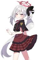 1girl blue_archive general looking_at_viewer murase48 mutsuki_(blue_archive) plaid_clothes plaid_skirt q red_skirt side_ponytail simple_background skirt solo tongue tongue_out white_background // 1310x2048 // 192.4KB