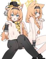 1 1girl 2d_art anc4008 animal_ears black_hairband black_hat black_pantyhose blue_archive blue_eyes braid cat_ears cat_girl commentary_request convenient_censoring flat_chest hairband halo hat loli long_hair looking_at_viewer mari_(blue_archive) mari_(idol)_(blue_archive) multiple_views navel official_alternate_costume open_mouth orange_hair pantyhose pearlgang_e pixiv_135357805 pixiv_15153796 questionable simple_background sitting teeth top_hat topless_female twintails upper_teeth_only white_background wrist_cuffs yellow_halo おへそ ぷげe_pearlgang_e ブルアカ ブルーアーカイブ ブルーアーカイブ1000users入り マリー🎤 伊落マリー 伊落マリー(アイドル) 女の子 裸タイツ // 2780x3554 // 4.6MB