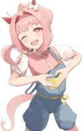 1girl absurdres animal_ears asobi_nin blue_overalls blush bow casual commentary_request ear_bow ear_covers flower-shaped_pupils flower_in_eye hairband haru_urara_(casual)_(umamusume) haru_urara_(umamusume) headband heart heart_hands highres horse_ears horse_girl horse_tail long_hair one_eye_closed open_mouth overall_shorts overalls pink_eyes pink_hair pink_headband pink_shirt ponytail red_headband ribbon shirt short_sleeves simple_background smile solo symbol-shaped_pupils symbol_in_eye tail teeth umamusume upper_teeth_only white_background // 3111x4912 // 16.1MB
