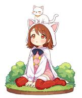 1girl animal animal_ear_hood animal_hood animal_on_head boots brown_eyes brown_hair cat cat_hood character_request cloak commentary_request copyright_request dress general hood hood_up hooded_cloak looking_up medium_hair on_grass on_head onyhakase open_mouth pink_dress red_boots short_dress sitting solo thigh-highs thigh_boots thighhighs wariza white_cat white_cloak // 700x831 // 300.3KB