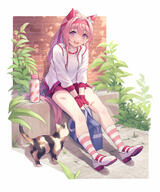 1girl animal_ears bandaid bandaid_on_leg blush bottle breasts brick_wall buruma cat commentary_request d ear_covers eyebrows_visible_through_hair fingerless_gloves flower_in_eye full_body gloves gym_uniform hair_between_eyes hairband haru_urara_(umamusume) horse_ears horse_girl horse_tail jacket jnj joeychen long_hair long_sleeves neko open_clothes open_jacket open_mouth pink_hair pixiv plant purple_eyes questionable red_gloves red_hairband red_shorts safe shirt shoes shorts sitting smile solo striped striped_legwear symbol_in_eye tail uma_musume_pretty_derby umamusume white_footwear white_jacket white_shirt // 2311x2781 // 5.4MB