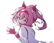 1girl adil_wess animal_ears bow closed_eyes collared_jacket ear_bow eighth_note fingerless_gloves floating_hair gloves hair_intakes hand_up haru_urara_(bestest_prize)_(umamusume) haru_urara_(umamusume) headband horse_ears horse_girl jacket long_sleeves musical_note open_mouth pink_gloves pink_hair ponytail red_headband simple_background smile solo tearing_up umamusume waving_arms white_background // 1350x1070 // 118.3KB