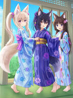 3girls animal_ears barefoot black_hair blue_eyes blush bow brown_hair cat_ears cloud d day flower fox_ears fox_girl fox_tail general hairclip indoors kimono long_hair long_sleeves obi open_mouth original ponytail sash sky smile tail tatami twintails very_long_hair wolf_girl yukata // 2073x2778 // 1.1MB
