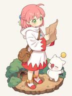 1girl ahoge bag blush boots brown_bag closed_mouth commentary final_fantasy final_fantasy_fables full_body general green_eyes holding holding_paper hood hood_down hooded_robe long_sleeves moogle onyhakase paper parchment pink_hair robe shirma shoulder_bag solo standing twitter.com white_boots white_mage_(final_fantasy) white_robe // 700x933 // 77.6KB
