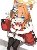 1girl animal_ear_fluff animal_ears arm_support black_choker black_thighhighs blue_archive blue_eyes blush bow bow_choker breasts cat_ears center-flap_bangs choker double-parted_bangs feet_out_of_frame flower from_above fur-trimmed_jacket fur_trim hair_between_eyes hair_flower hair_intakes hair_ornament halo jacket loah_66 long_hair long_sleeves looking_at_viewer looking_up mari_(blue_archive) off_shoulder open_mouth orange_hair red_bow red_jacket santa_costume sensitive shadow sidelocks signature simple_background sitting sleeves_past_wrists small_breasts smile solo sweat teeth thighhighs white_background white_flower yellow_halo // 2947x3926 // 1.0MB