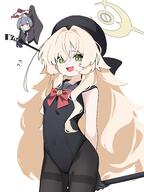  2girls ? ?? ahoge arms_behind_back bare_shoulders beret black_gloves black_hat black_leotard black_pantyhose black_robe black_sailor_collar blonde_hair blue_archive blue_hair blush bow bowtie breasts brown_halo covered_navel cowboy_shot fine_fabric_emphasis frown gloves green_eyes hair_between_eyes hair_intakes halo hat holding holding_staff jitome leotard loah_66 long_hair looking_at_another multiple_girls open_mouth pantyhose professor_niyaniya_(blue_archive) red_bow red_bowtie red_eyes robe sailor_collar sensitive shuro_(blue_archive) simple_background small_breasts staff sweat thighband_pantyhose twitter.com very_long_hair white_background yellow_halo // 3072x4096 // 671.5KB
