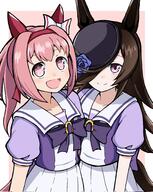 2girls animal_ears blue_flower blue_hat blue_rose blush bow bowtie brown_hair closed_mouth commentary ear_bow ear_covers emapippi flipped_hair flower flower-shaped_pupils flower_in_eye general hair_over_one_eye hairband haru_urara_(umamusume) hat hat_flower headband highres horse_ears horse_girl horse_tail long_hair looking_at_viewer multiple_girls open_mouth pink_eyes pink_hair pink_headband ponytail puffy_short_sleeves puffy_sleeves purple_bow purple_bowtie purple_eyes purple_shirt red_headband rice_shower_(umamusume) rose sailor_collar sailor_shirt school_uniform shirt short_sleeves skirt smile symbol-only_commentary symbol-shaped_pupils symbol_in_eye tail tilted_headwear tracen_school_uniform umamusume white_sailor_collar white_skirt // 1635x2048 // 401.8KB