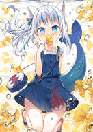 1girl animal_ears bag blue_eyes casual cat_ears clothing commentary_request covering_mouth covering_own_mouth eyebrows_visible_through_hair female fins fish_tail footwear fred04142 gawr_gura gawr_gura_(2nd_costume) gawr_gura_(casual) gawr_gura_ch. ginkgo_leaf grey_hair handbag highres holding holding_leaf hololive hololive_english kemonomimi_mode leaf long_hair looking_at_viewer nekomimi one_side_up overall_skirt safe sandals sensitive shark_tail sidelocks solo suspenders tail underwater virtual_youtuber water_drop white_hair // 850x1200 // 1.2MB