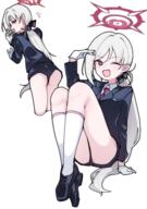 1 1girl 2d_art ;d absurdres anc4008 ass black_footwear black_jacket black_shoes blazer blue_archive commentary_request from_behind gloves halo highres jacket loafers long_hair looking_at_viewer multiple_views mutsuki_(blue_archive) mutsuki_(suit)_(blue_archive) official_alternate_costume one_eye_closed open_mouth pearl.g.e pearlgang_e pixiv_121731177 pixiv_15153796 purple_eyes red_halo sensitive shoes sitting smile socks white_gloves white_socks くふふふっ👔 // 2039x2894 // 2.8MB
