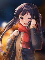 1girl ;d bag black_hair blue_jacket blurry blurry_background brown_cardigan brown_eyes cardigan commentary_request general holding holding_bag jacket k-on! long_hair long_sleeves looking_at_viewer nakano_azusa one_eye_closed open_clothes open_jacket open_mouth oscar_(a7069721) red_scarf scarf sidelocks smile solo sweater twintails upper_body white_sweater // 1200x1600 // 902.3KB