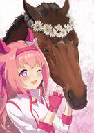 1girl absurdres animal_ears blush bow brown_hair creature_and_personification ear_bow ear_covers flower-shaped_pupils flower_in_eye hairband haru_urara_(bestest_prize)_(umamusume) haru_urara_(racehorse) haru_urara_(umamusume) headband highres horse_ears horse_girl irinagikomeno jacket long_hair open_mouth personification pink_eyes pink_hair pink_headband ponytail red_headband shirt smile solo symbol-shaped_pupils symbol_in_eye umamusume // 2048x2896 // 3.8MB